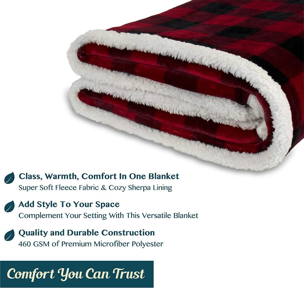 Red Black Plaid Luxurious Flannel Throw Blanket for Bedroom Living Room Sofa Couch Chair, Lightweight Warm Fleece