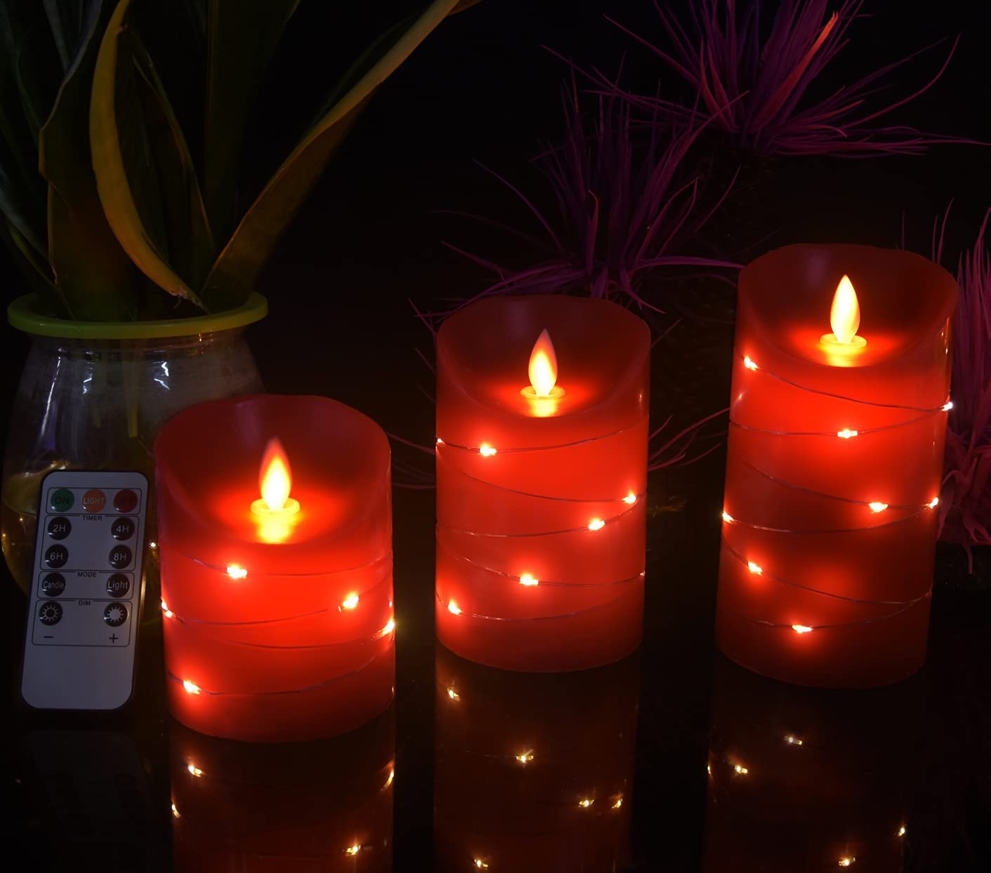 Red LED flameless Candle with Embedded Starlight String, 3 LED Candles, 10-Key Remote Control, Real Wax, Battery Powered.