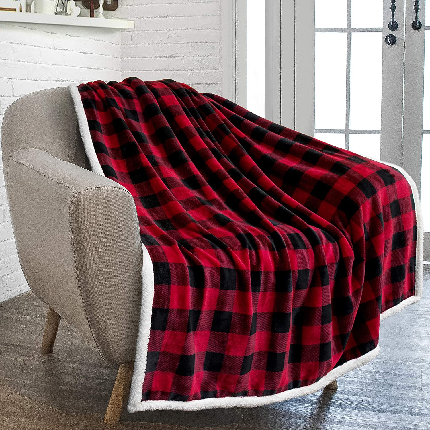 Red Black Plaid Luxurious Flannel Throw Blanket for Bedroom Living Room Sofa Couch Chair, Lightweight Warm Fleece