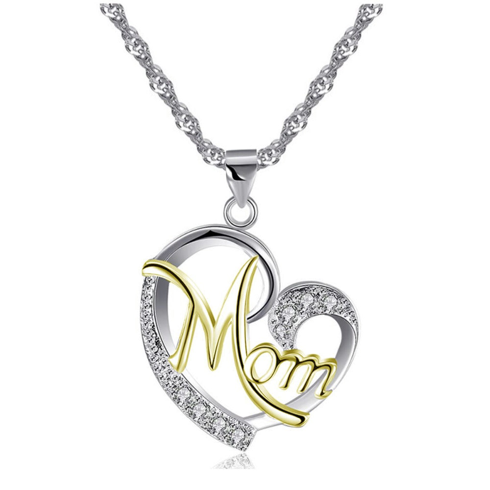Love Heart Mom Pendant Necklace Simulated Diamond Necklace Present for Christmas Jewelry for Mom Birthday Gifts Sterling Silver Fine Jewelry