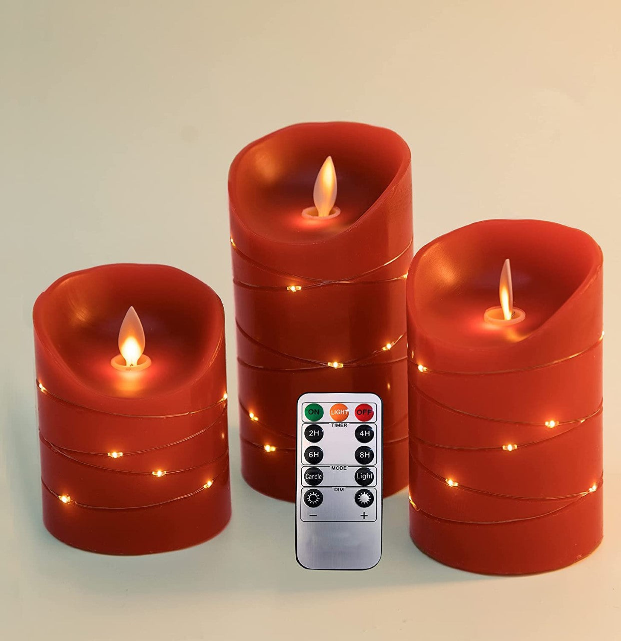 Red LED flameless Candle with Embedded Starlight String, 3 LED Candles, 10-Key Remote Control, Real Wax, Battery Powered.
